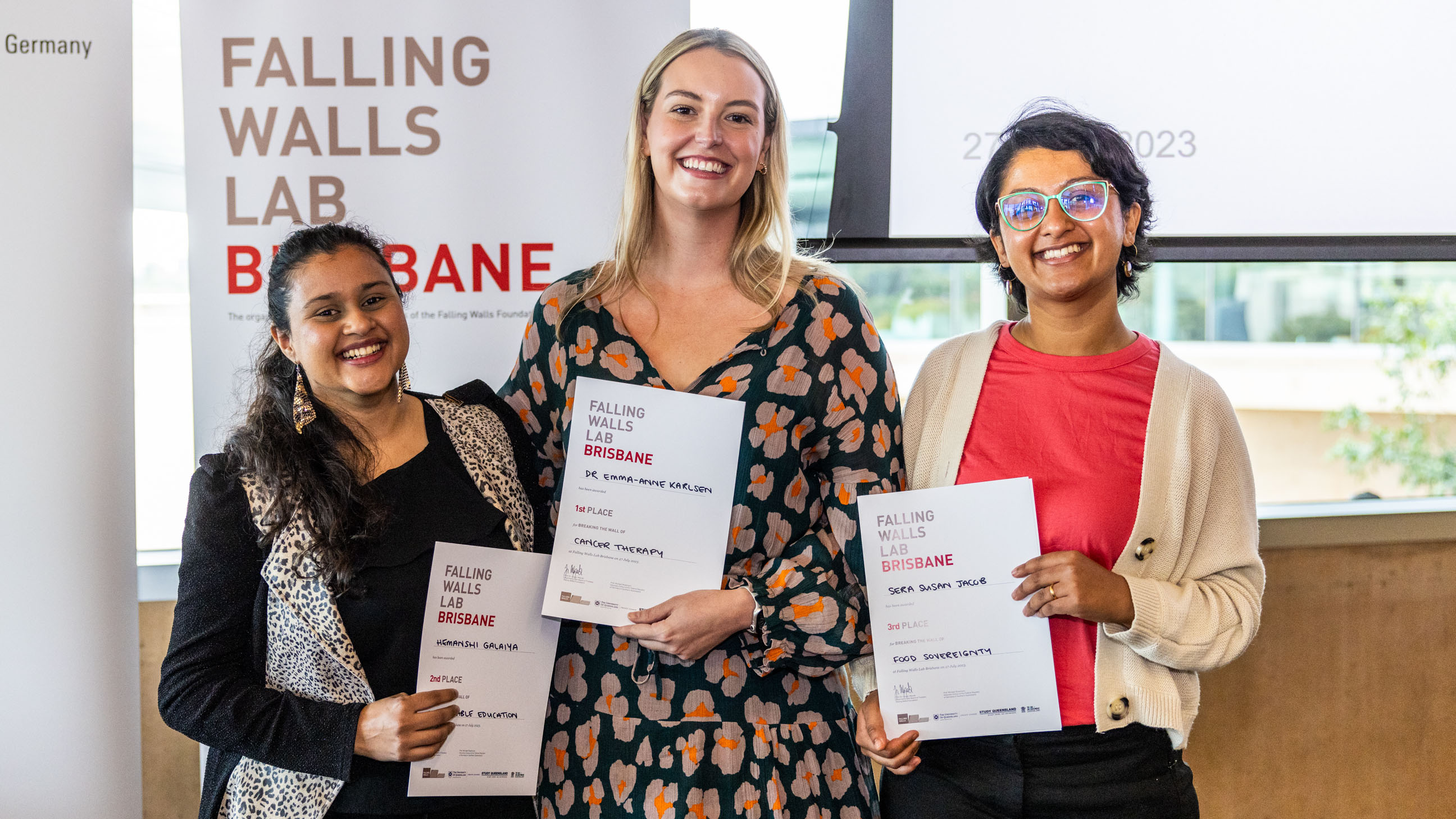 Hemanshi Galaiya, Dr Emma-Anne Karlsen and Sera Susan Jacob at the Falling Walls Lab Brisbane finals