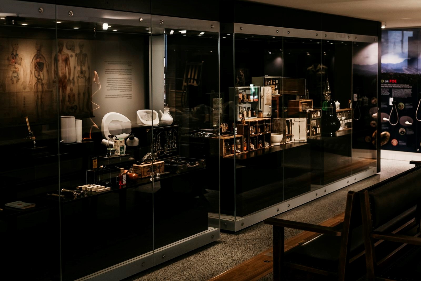 - Part of the Cure All exhibition; on the left are some ‘gizmos and gadgets’, on the right are the pharmaceuticals on display.