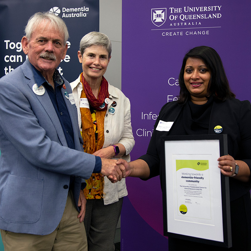A/Prof Nadeeka Dissanayaka Chair of the UQCCR Consumer and Community Involvement Committee (right) with Dementia advocates John Quinn and Glenys Petrie.