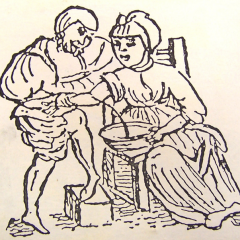 Copy of a woodcut using similar bowl as a bleeding bowl out of ‘The Regimen of Health from the School of Solerno’ 1551