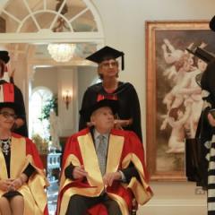 Greg Poche AO and Kay E. Van Norton Poche at their conferral ceremony in Sydney, with Pro-Vice-Chancellor (Indigenous Education) Professor Cindy Shannon (left), Pro-Vice-Chancellor (Advancement) Ms Claire Pullar, and Vice-Chancellor and President Professor Peter Høj. Photo: Maja Baska