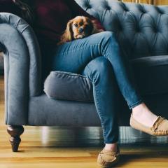 Image of woman with dog sitting on a couch.