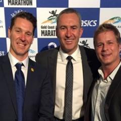UQ's Dr Aaron Smith, left, Mark Baretta from Channel 7's Sunrise Program and Scott Knoll from Cancer Council Queensland.