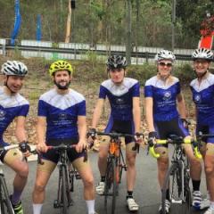 The UQ Corporate Team ready to ride. Riders (from left to right): Jonathan Wei, Neil James, James Humphries, Celia Webby, and Liz Hepple.